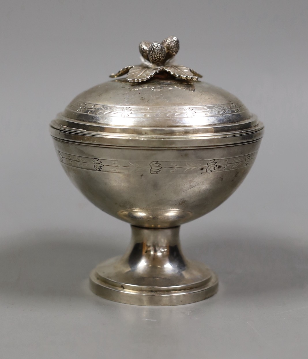 A late 18th century Austrian white metal pedestal bowl and cover, by Johann Sebastian Wurth, Vienna, 1793, height 12.5cm, 9.7oz.